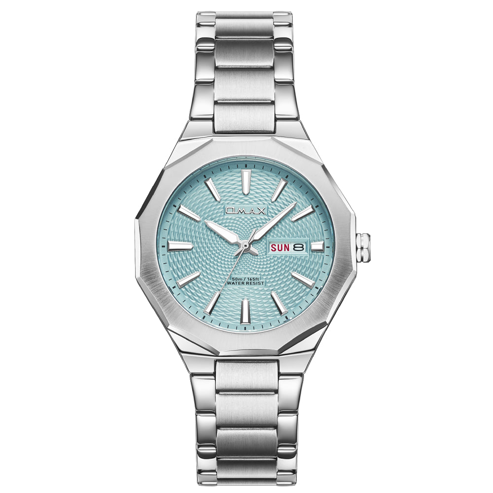 Omax Aqua Dial Men’s Watch, Stainless Steel, Day-Date, Waterproof