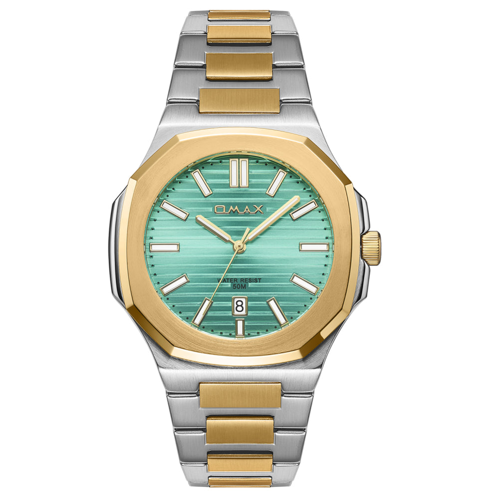 Omax Men’s Watch, Aqua Green Dial, Two-Tone Band, Stainless Steel, Waterproof