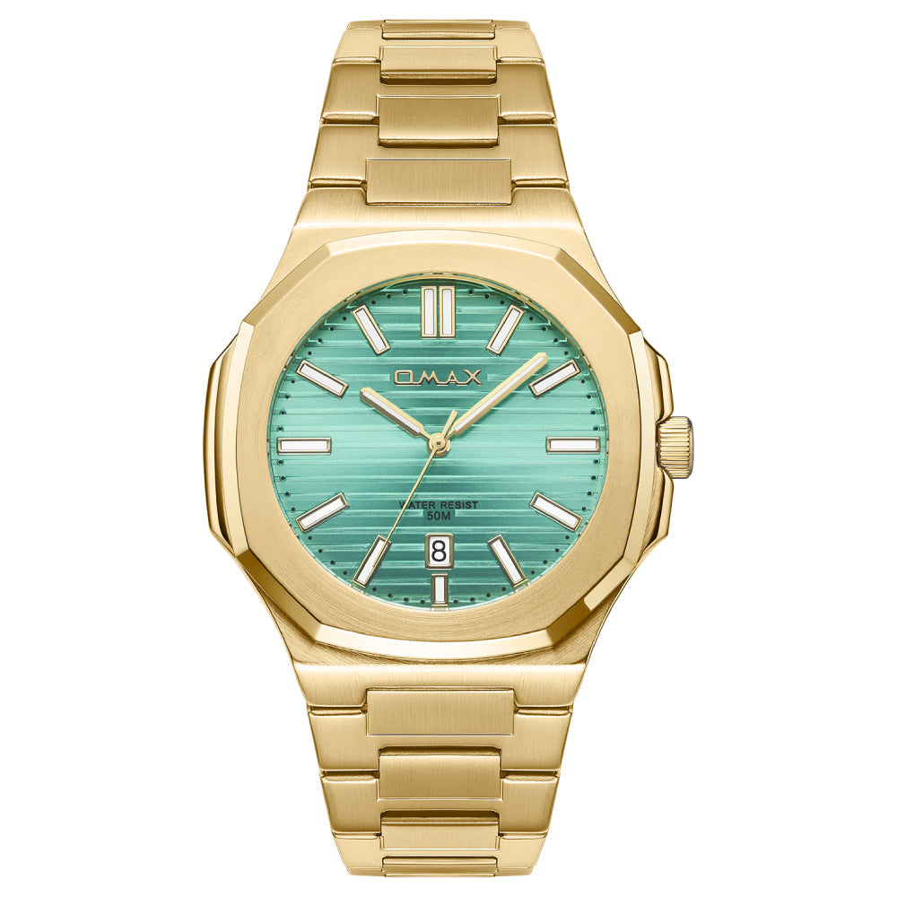 Omax Men’s Watch, Aqua Green Dial, Gold Stainless Steel, Water Resistant