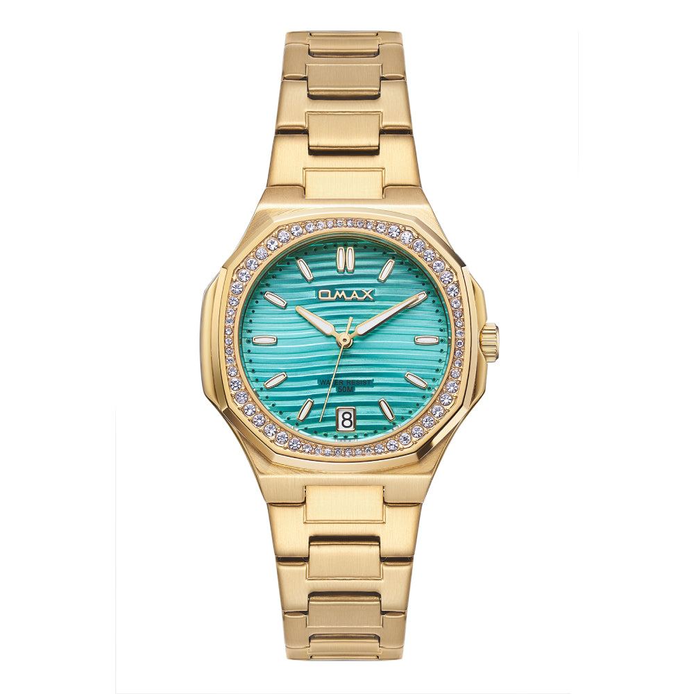 Omax Women's Watch, Turquoise Dial With Crystal Bezel, Gold Stainless Steel, Water Resistant