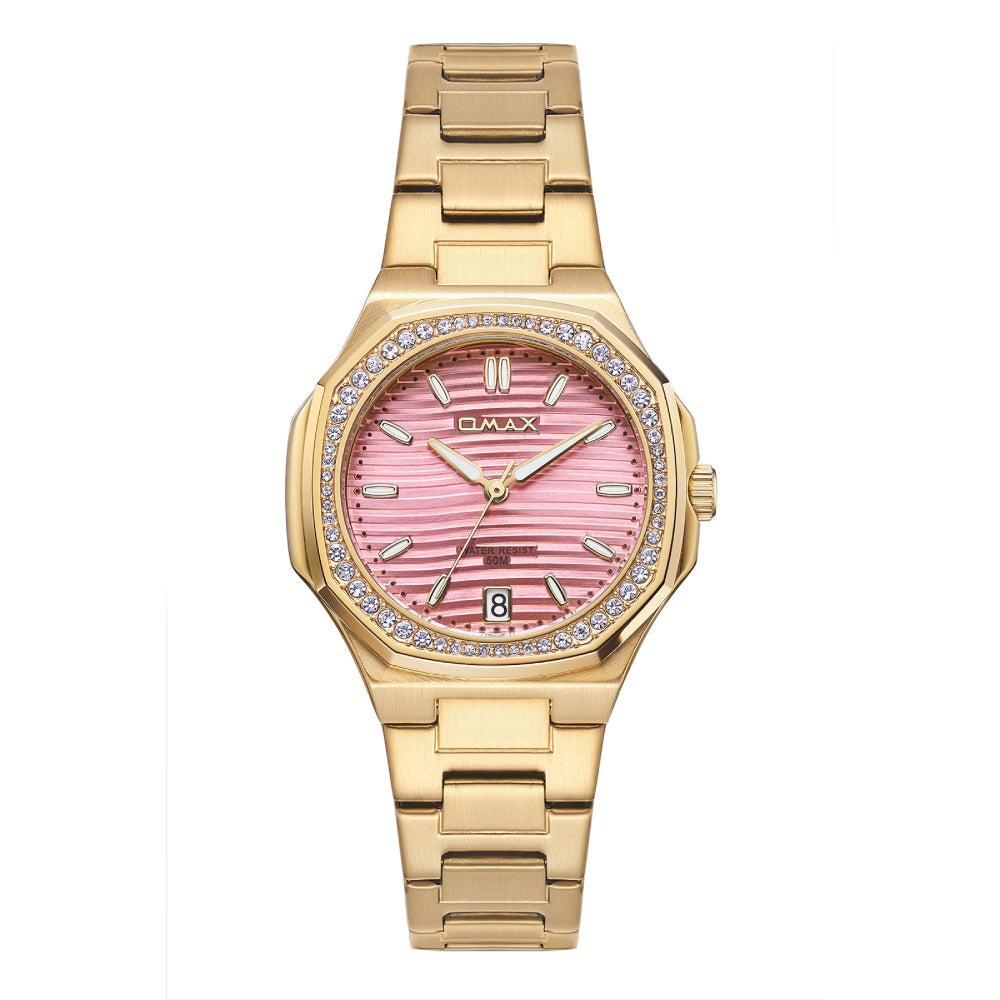 Omax Women's Watch, Purple Dial With Crystal Bezel, Gold Stainless Steel, Water Resistant