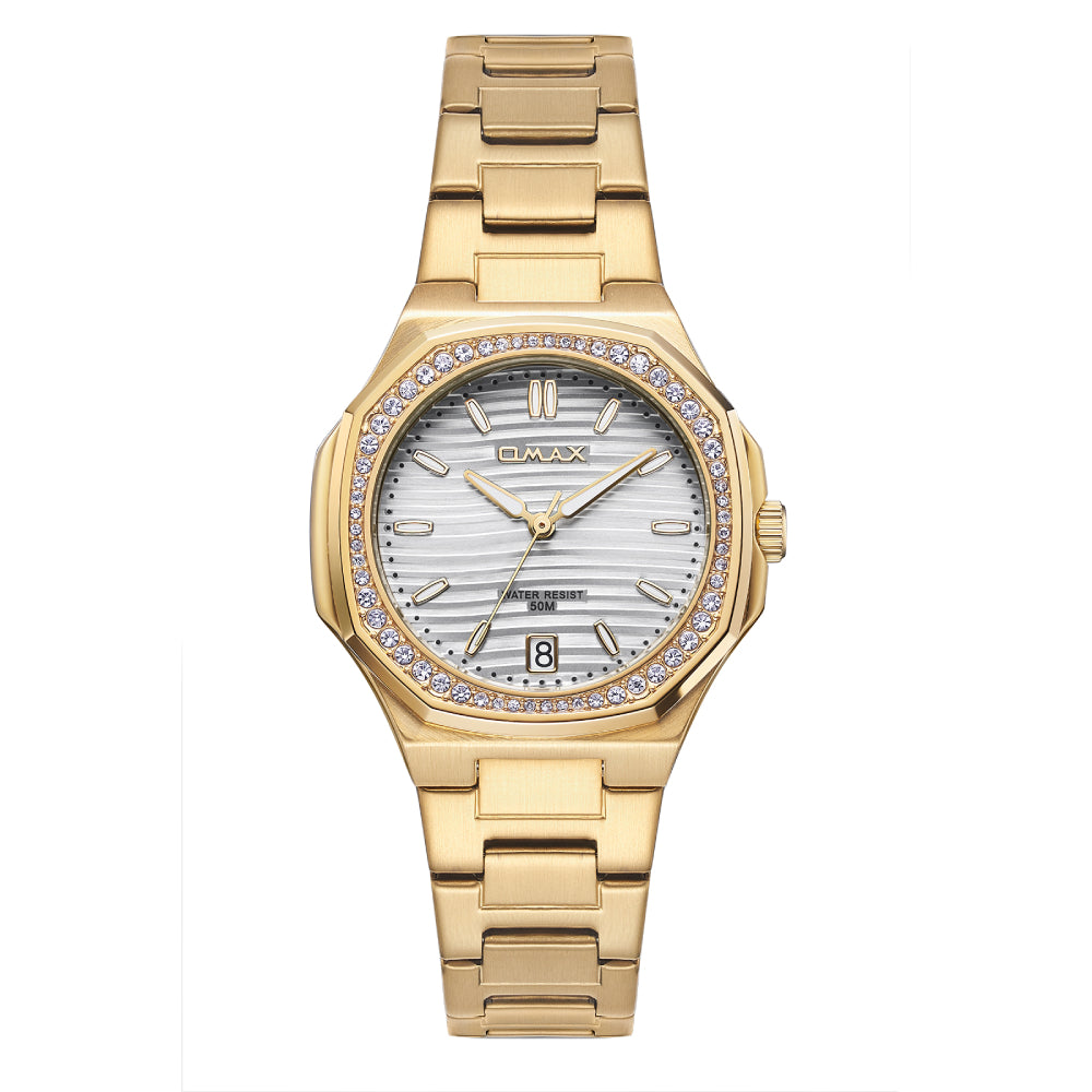 Omax Women's Watch, Silver Dial With Crystal Bezel, Gold Stainless Steel, Water Resistant