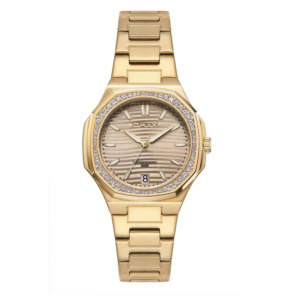 Omax Women's Watch, Gold Dial With Crystal Bezel, Stainless Steel, Water Resistant