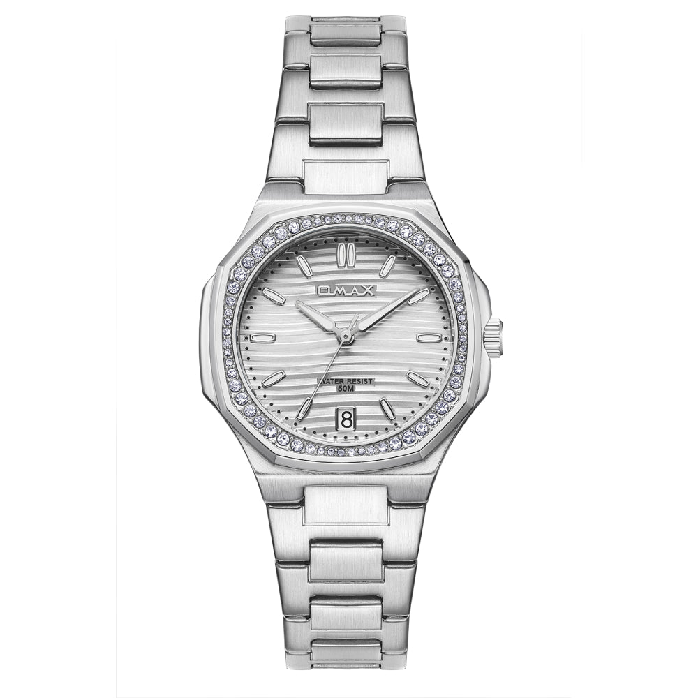 Omax Women's Watch, Silver Dial With Crystal Bezel, Date Display, Stainless Steel, Water Resistant