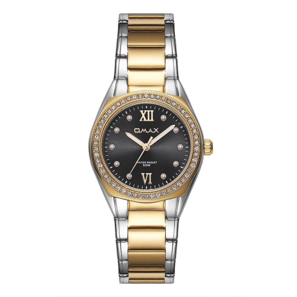 Omax Women's Watch, Black Champagne Dial With Crystal Bezel, Stainless Steel, Water Resistant