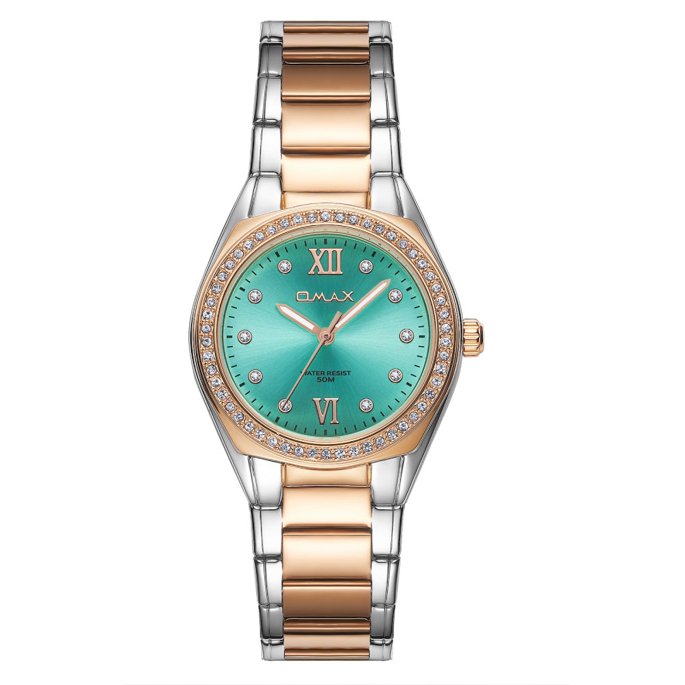 Omax Women's Watch, Aqua Champagne Dial With Crystal Bezel, Dual-Tone Stainless Steel, Water Resistant