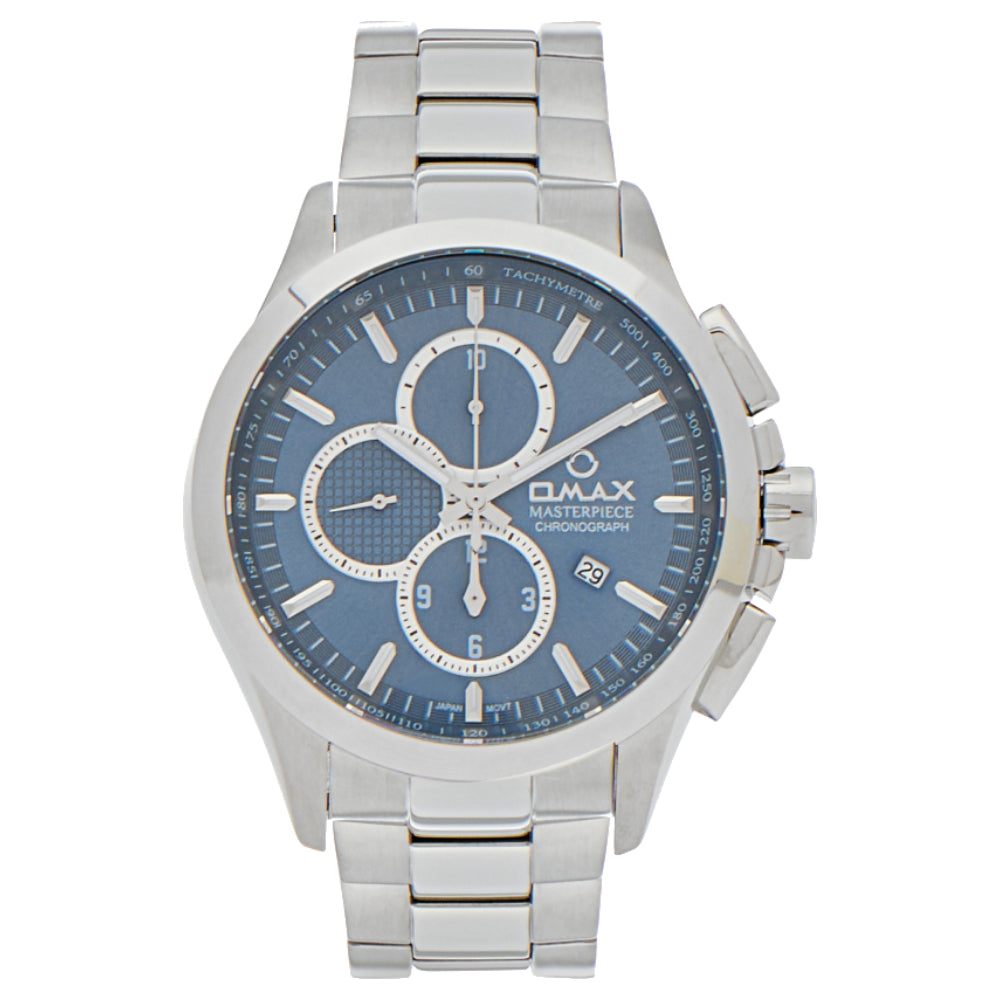 Omax Masterpiece Men’s Watch, Blue Chronograph Dial, Date Display, Stainless Steel Band, Water Resistant