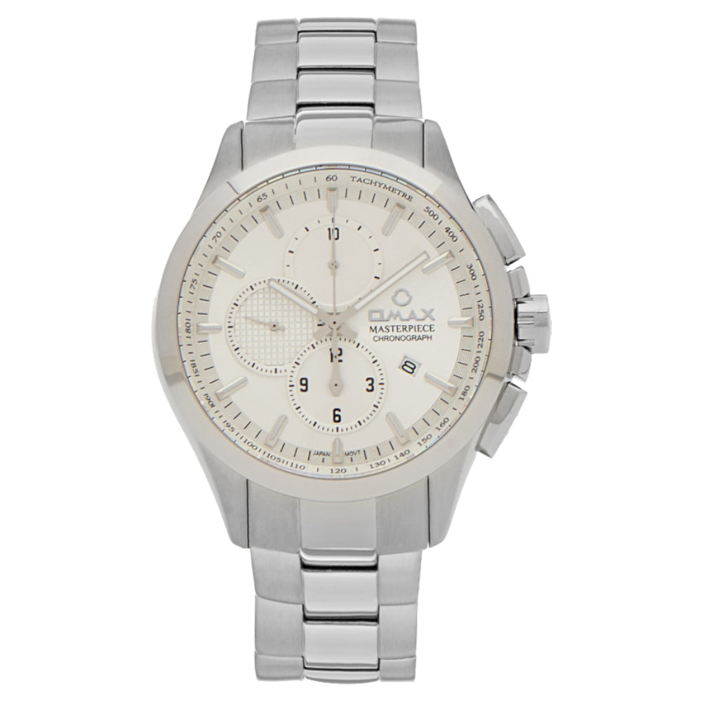 Omax Masterpiece Men’s Watch, White Chronograph Dial, Date Display, Stainless Steel Band, Water Resistant