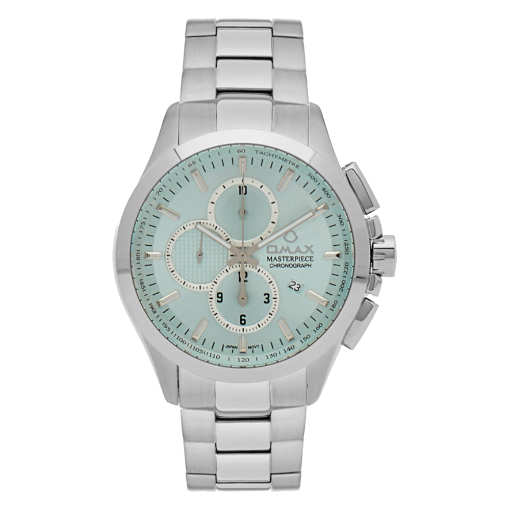Omax Masterpiece Men’s Watch, Turquoise Chronograph Dial, Date Display, Stainless Steel Band, Water Resistant