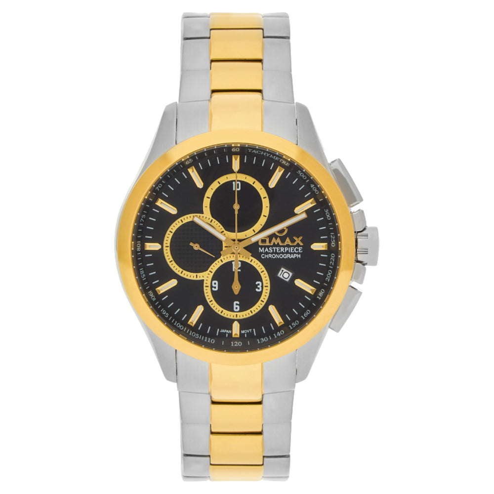 Omax Masterpiece Men’s Watch, Black Chronograph Dial, Gold Bezel, Date Display, Stainless Steel Band, Water Resistant