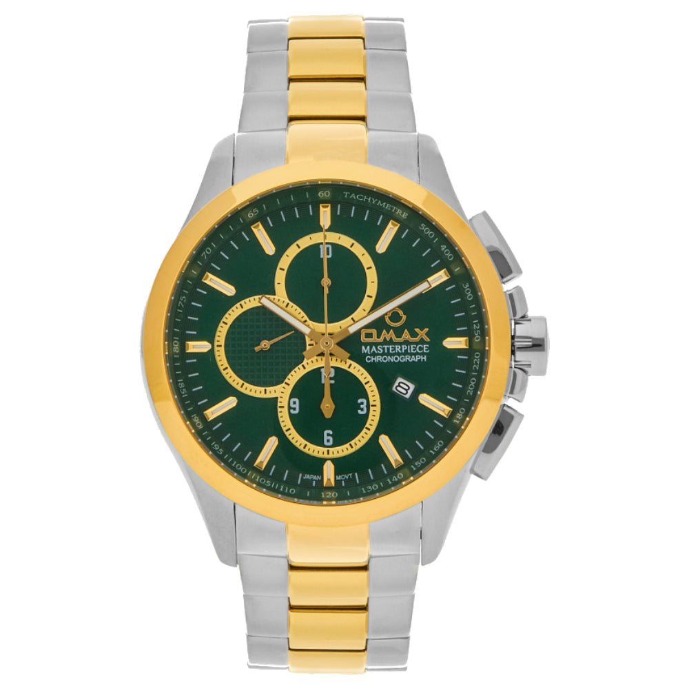 Omax Masterpiece Men’s Watch, Green Chronograph Dial, Gold Bezel, Date Display, Stainless Steel Band, Water Resistant