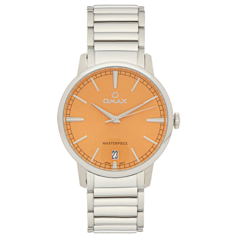 Omax Masterpiece Men’s Watch, Orange Dial, Date Display, Stainless Steel Band, Water Resistant