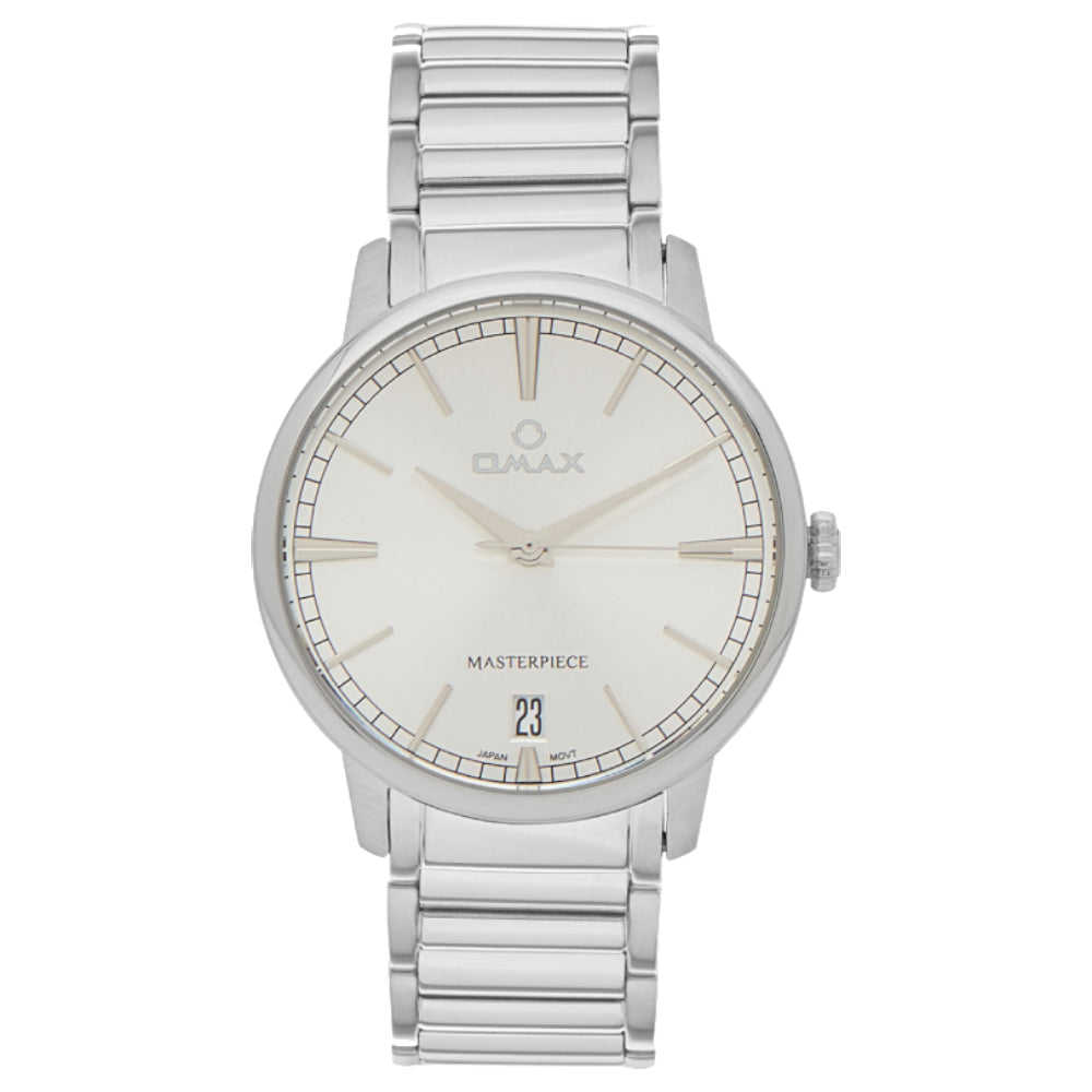 Omax Masterpiece Men’s Watch, White Dial, Date Display, Stainless Steel Band, Water Resistant