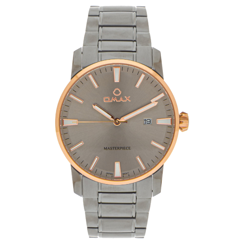 Omax Masterpiece Men’s Watch, Brown Dial, Date Display, Grey Stainless Steel Band, Water Resistant, Everyday Wear
