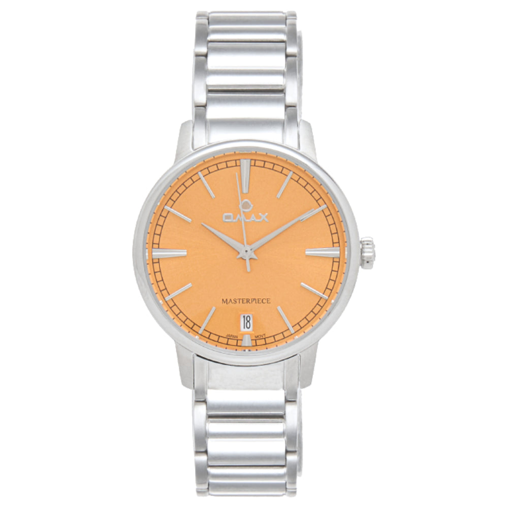 Omax Masterpiece Women’s Watch, Orange Dial, Date Display, Stainless Steel Band, Water Resistant, Everyday Wear