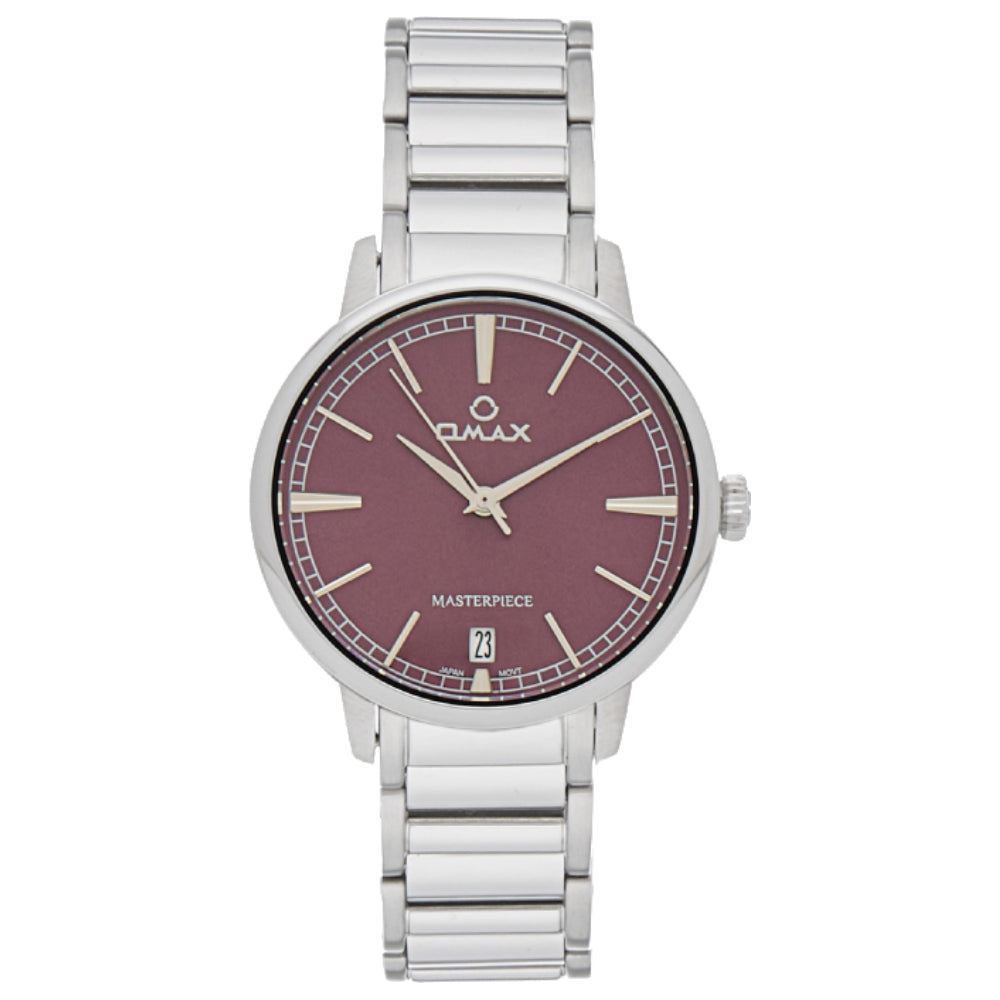 Omax Masterpiece Women’s Watch, Maroon Dial, Date Display, Stainless Steel Band, Water Resistant, Everyday Wear