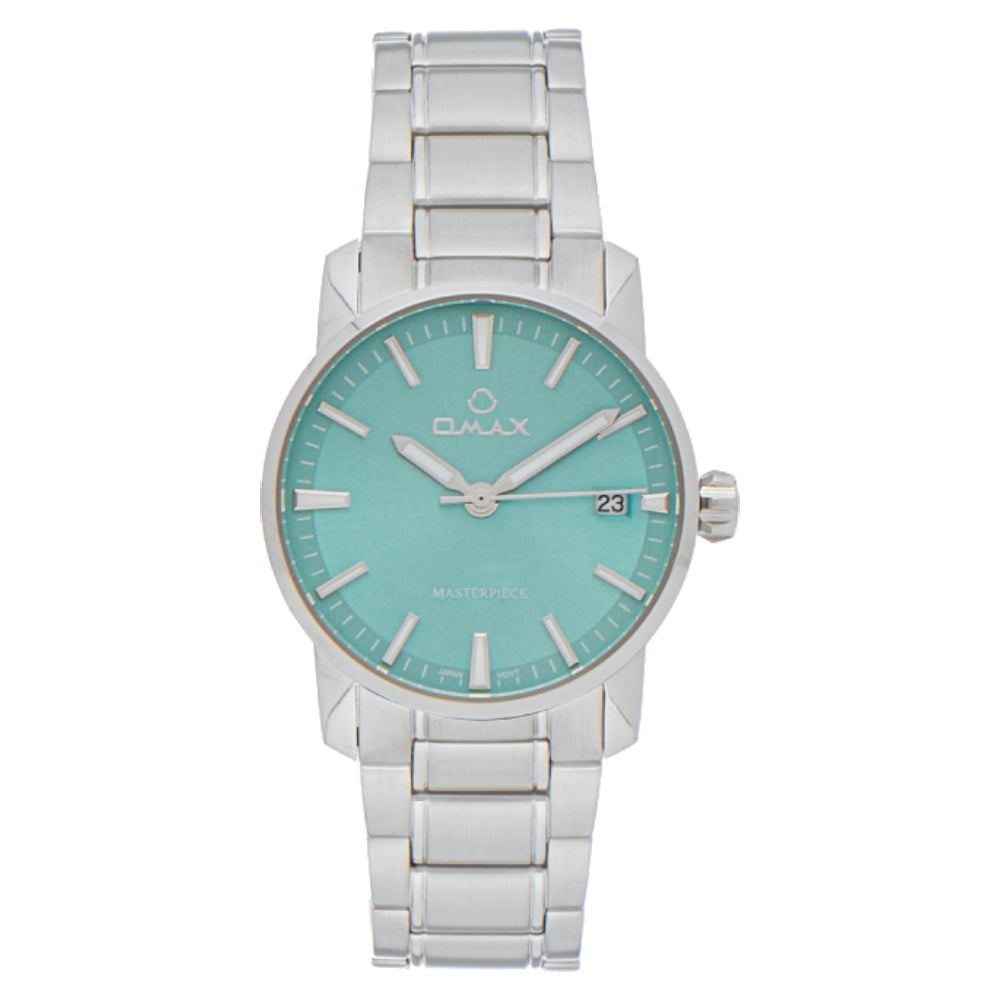 Omax Dual Tone Masterpiece Women’s Watch, Greenish Blue Dial, Date Display, Stainless Steel Band, Water Resistant
