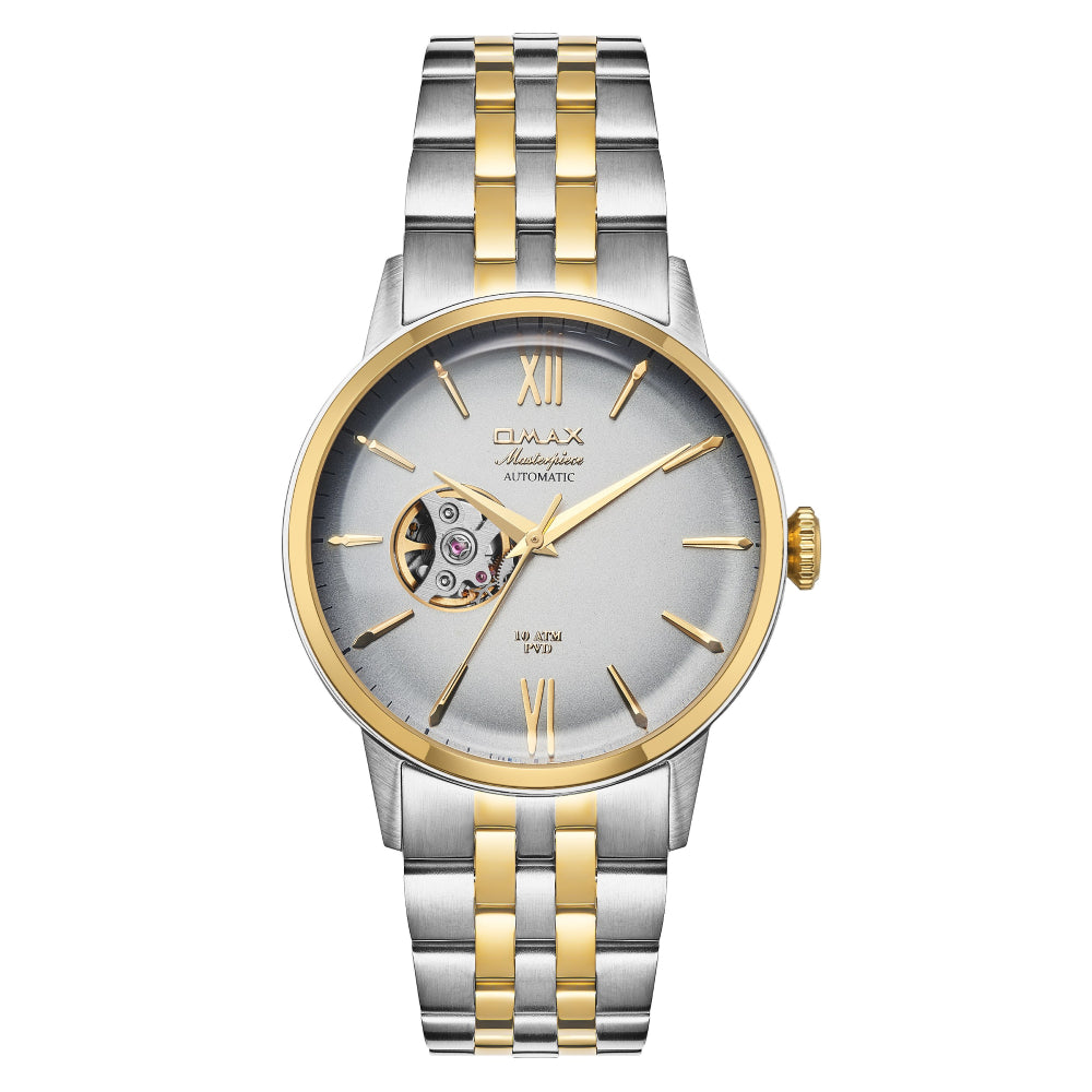 Omax Dual Tone Masterpiece Automatic Men's Watch, Grey Dial, Elegant Design, Stainless Steel, Waterproof
