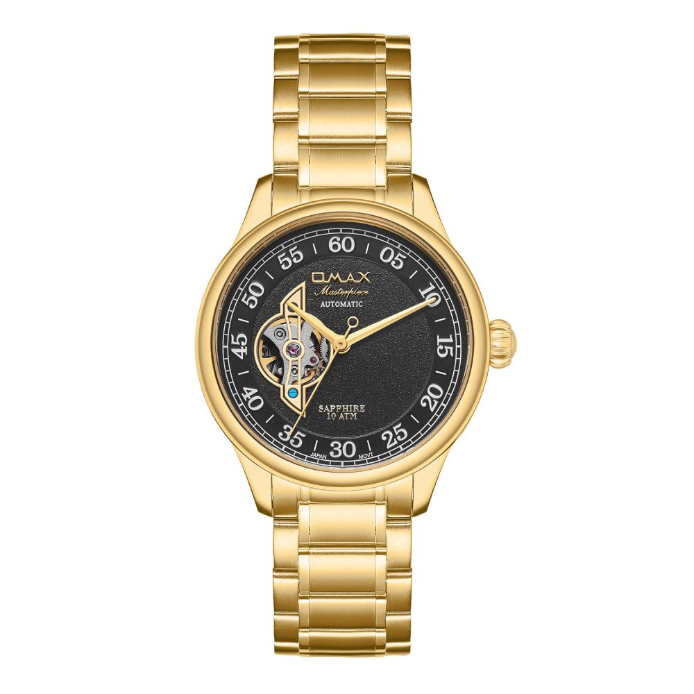 Omax Gold Masterpiece Automatic Men's Watch, Black Roman Number Dial, Elegant Design, Stainless Steel, Waterproof