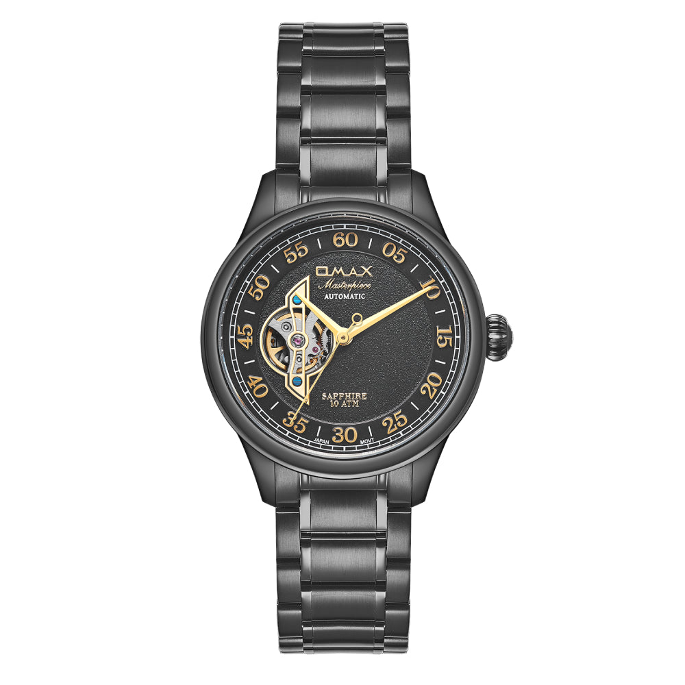 Omax Black Masterpiece Automatic Men's Watch, Roman Number Dial, Elegant Design, Stainless Steel, Waterproof