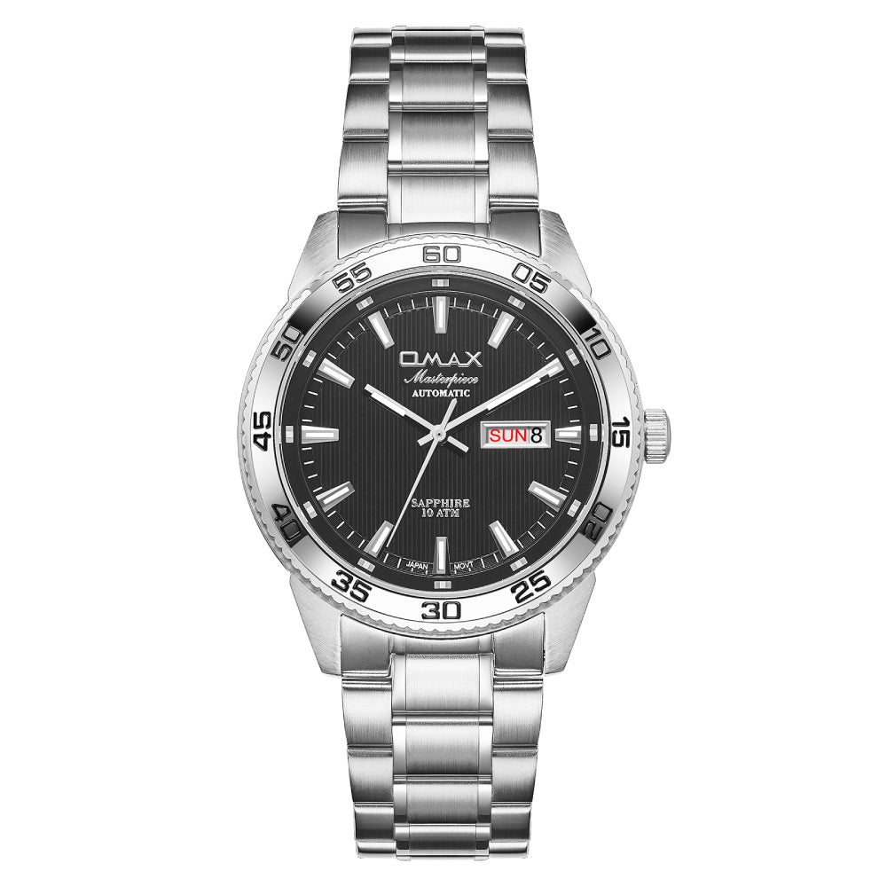 Omax Silver Masterpiece Men’s Automatic Watch, Black Dial, Stainless Steel, Sapphire Crystal, Day-Date, Waterproof
