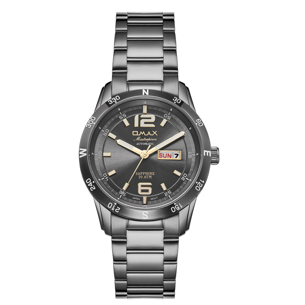 Omax Grey Masterpiece Men’s Automatic Watch, Black Dial, Stainless Steel, Sapphire Crystal, Day-Date, Waterproof