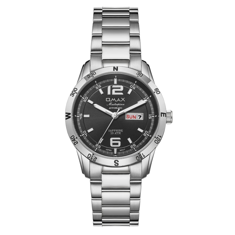 Omax Masterpiece Men’s Automatic Watch, Black Dial, Stainless Steel, Sapphire Crystal, Day-Date, Waterproof