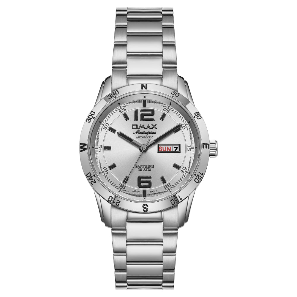 Omax Masterpiece Men’s Automatic Watch, Silver Dial, Stainless Steel, Sapphire Crystal, Day-Date, Waterproof