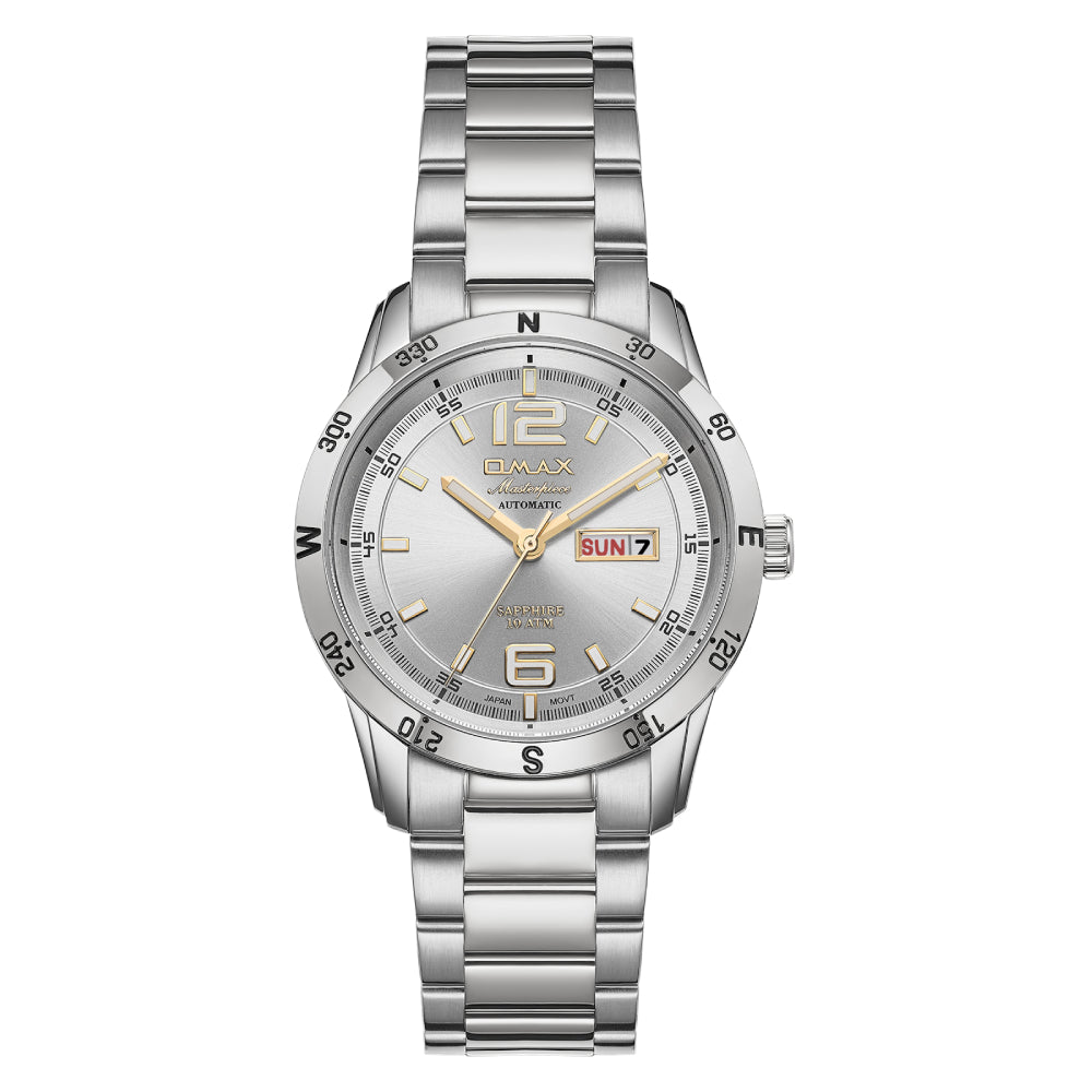 Omax Masterpiece Men’s Automatic Watch, Dual Tone Dial, Stainless Steel, Sapphire Crystal, Day-Date, Waterproof