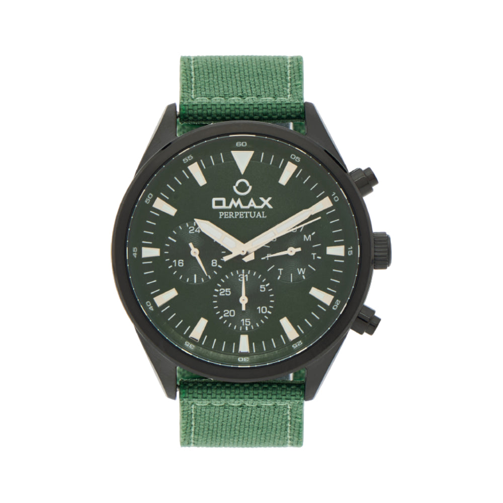 Omax Perpetual Men's Watch, Black Dial, Green Band, Chronograph Style, Water Proof