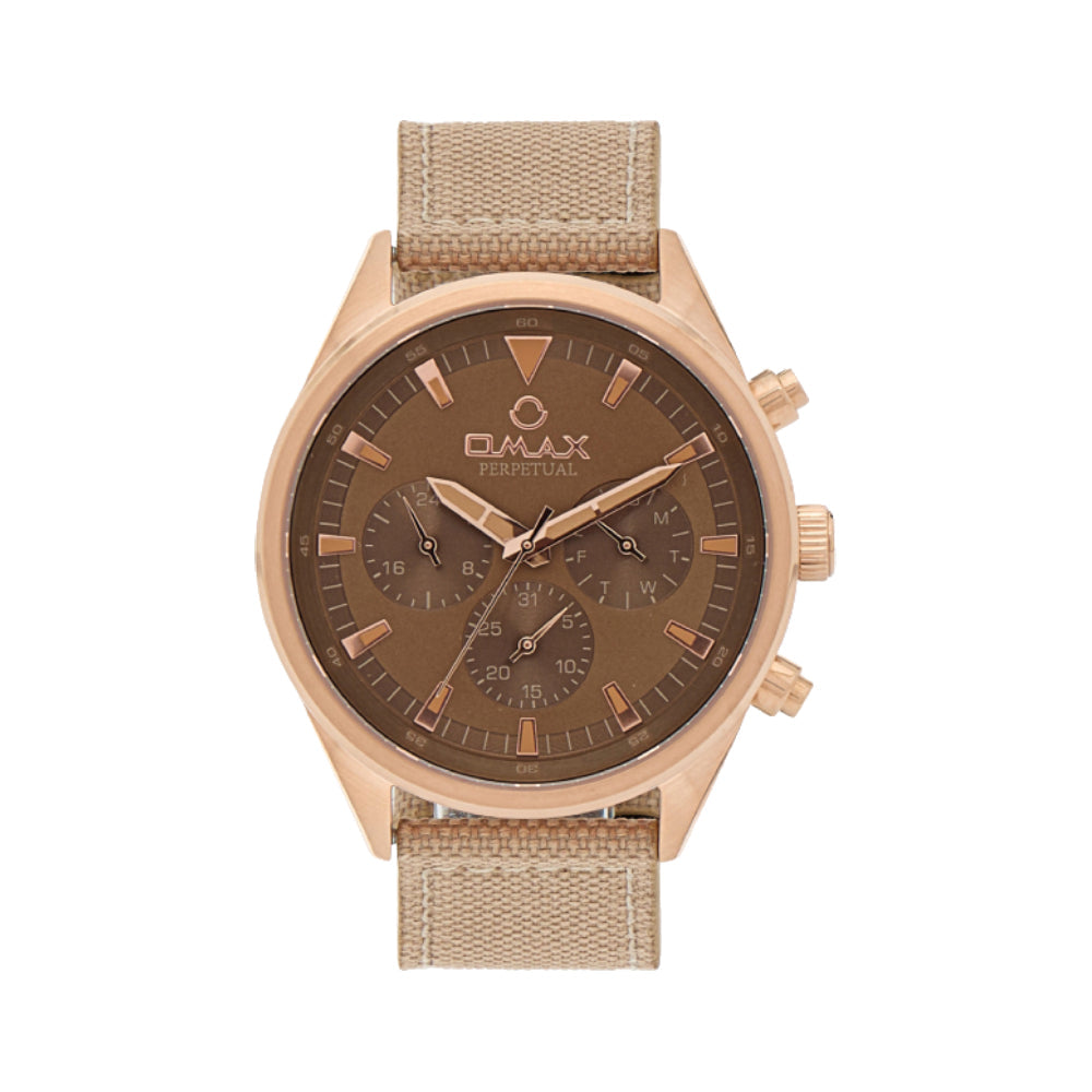 Omax Perpetual Men's Watch, Brown Dial, Gold Band, Chronograph Style, Water Proof