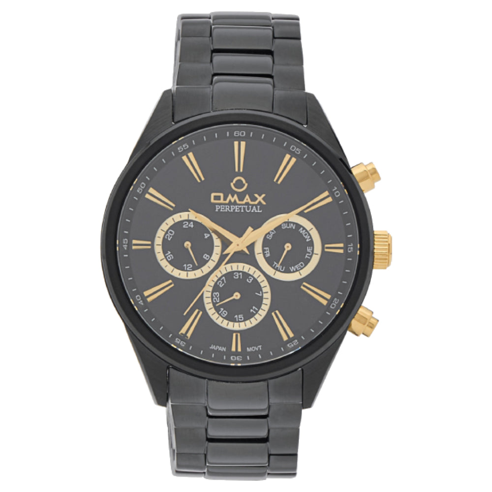 Omax Perpetual Men's Watch, Black Round Dial, Black Stainless Steel, Chronograph Style, Water Proof