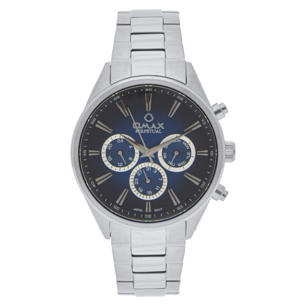 Omax Perpetual Men's Watch, Midnight Blue Round Dial, Sapphire Stainless Steel, Chronograph Style, Water Proof