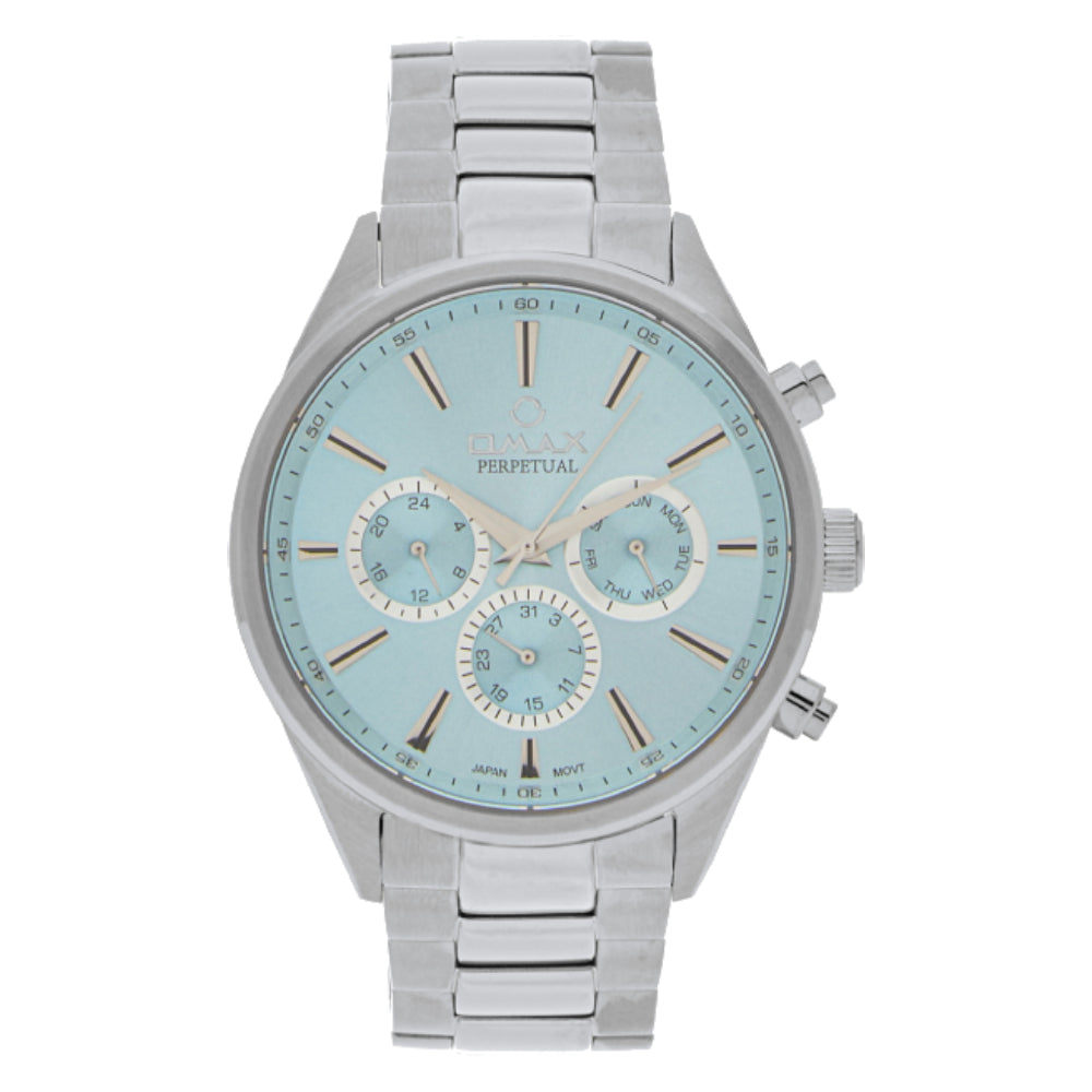 Omax Perpetual Men's Watch, Greenish Blue Round Dial, Sapphire Stainless Steel, Chronograph Style, Water Proof