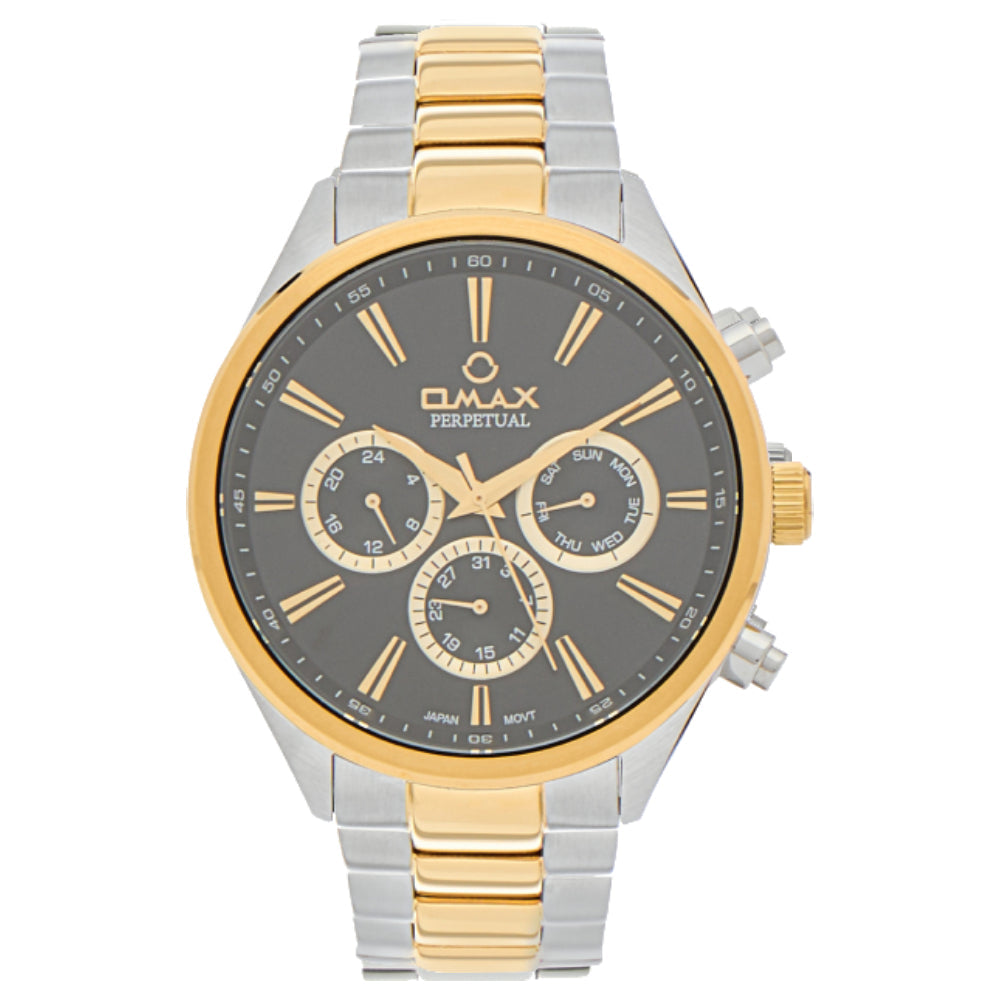 Omax Perpetual Dual Tone Men's Watch, Black Round Dial, Silver Stainless Steel, Chronograph Style, Water Proof