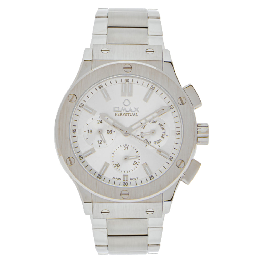 Omax Perpetual Men's Watch, White Dial, Silver Stainless Steel, Chronograph Style, Water Proof