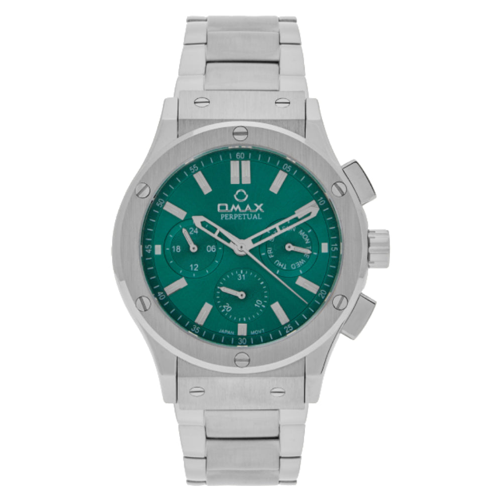 Omax Perpetual Men's Watch, Teal Dial, Silver Stainless Steel, Chronograph Style, Water Proof
