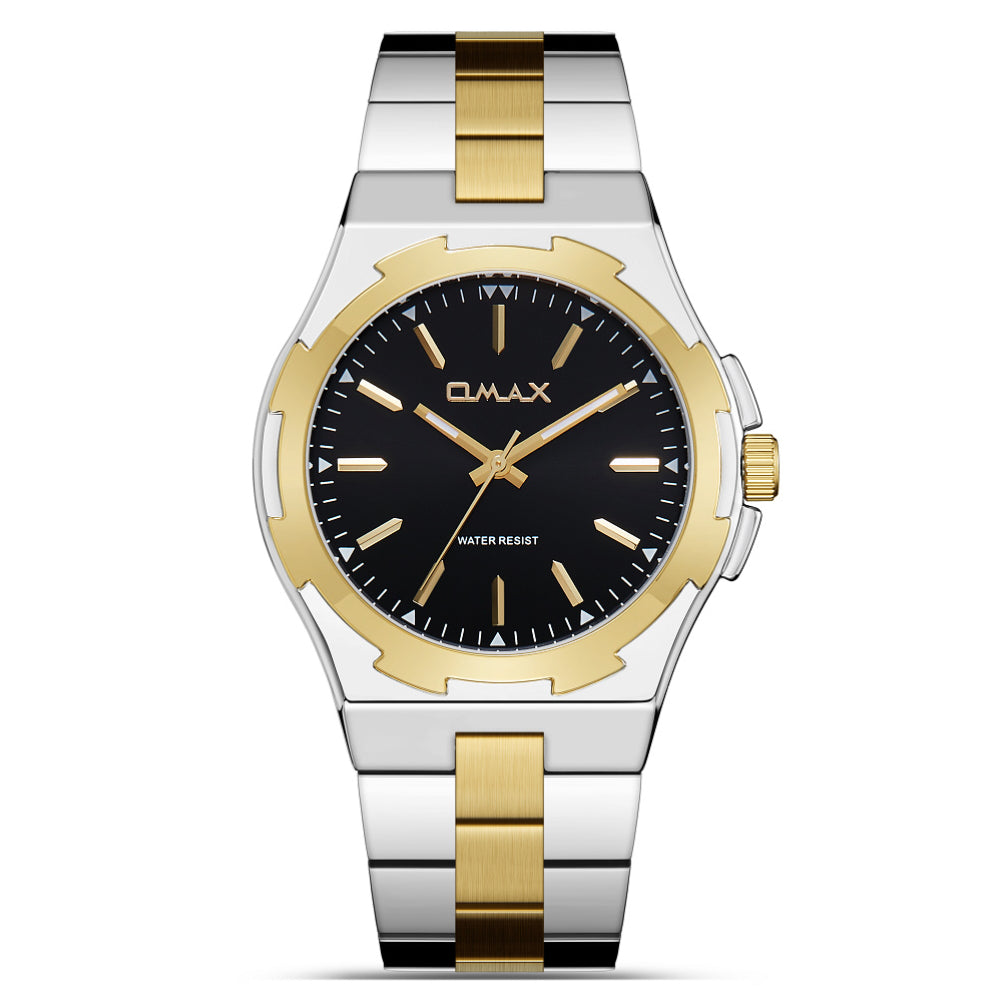 Omax Men’s Watch, Black Dial With Gold Bezel, Two-Tone Stainless Steel Band, Water Resistant