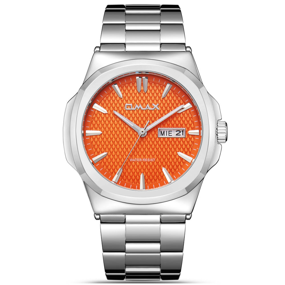 Omax Men’s Watch, Orange Textured Dial, Silver Stainless Steel Band, Day-Date Display, Water Resistant