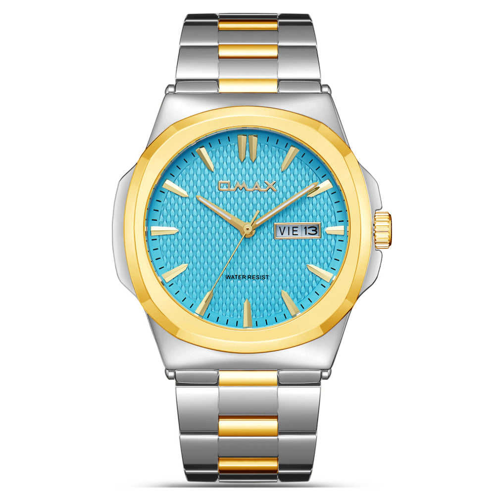 Omax Men’s Watch, Aqua Textured Dial, Gold Bezel, Stainless Steel Band, Day-Date Display, Water Resistant