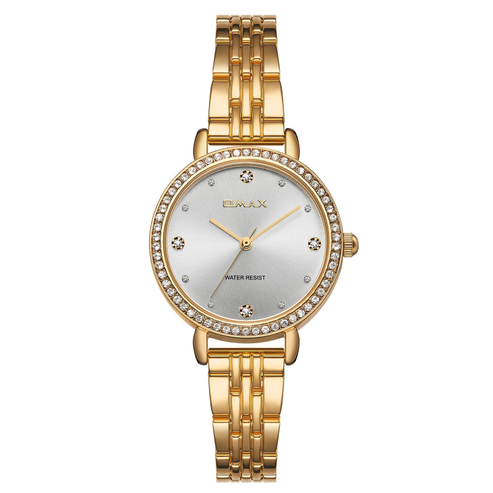 Omax Women’s Watch, White Dial With Crystal Bezel, Silver Gold Stainless Steel Band, Water Resistant