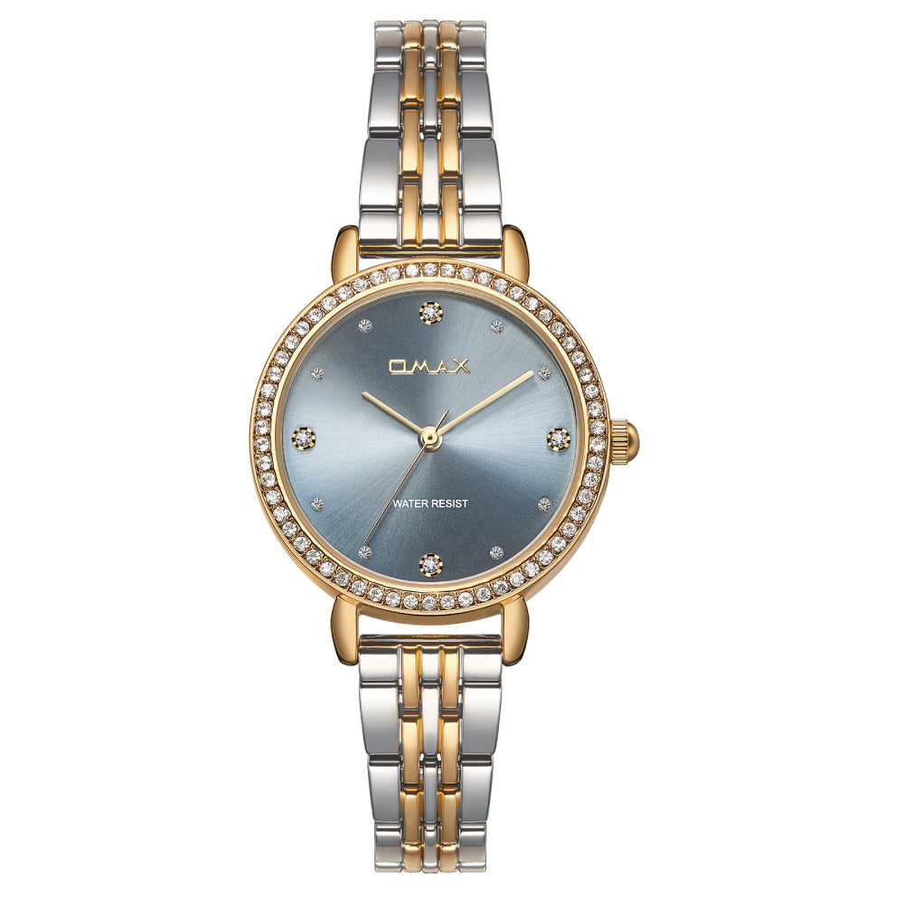 Omax Women’s Watch, Grey Dial With Crystal Bezel, Silver Gold Stainless Steel Band, Water Resistant