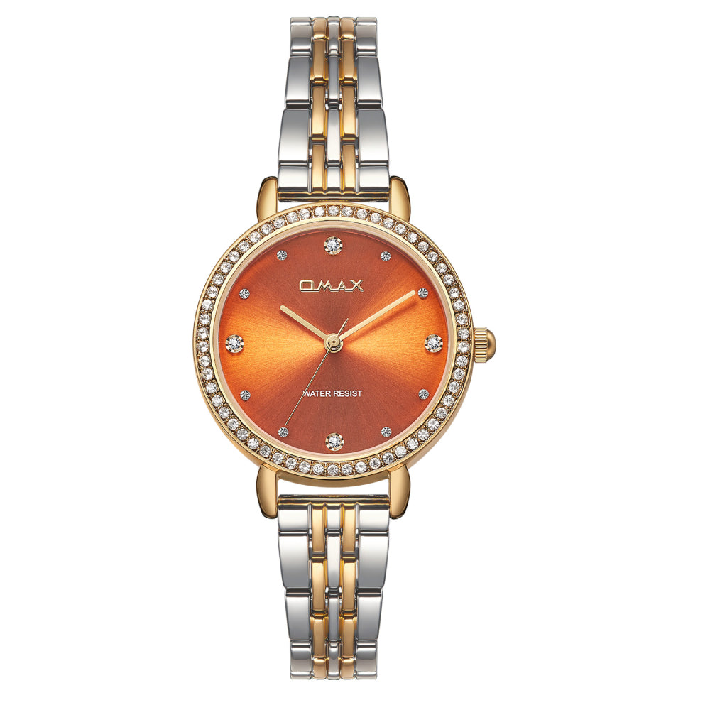 Omax Women’s Watch, Orange Dial With Crystal Bezel, Dual Tone Stainless Steel Band, Water Resistant