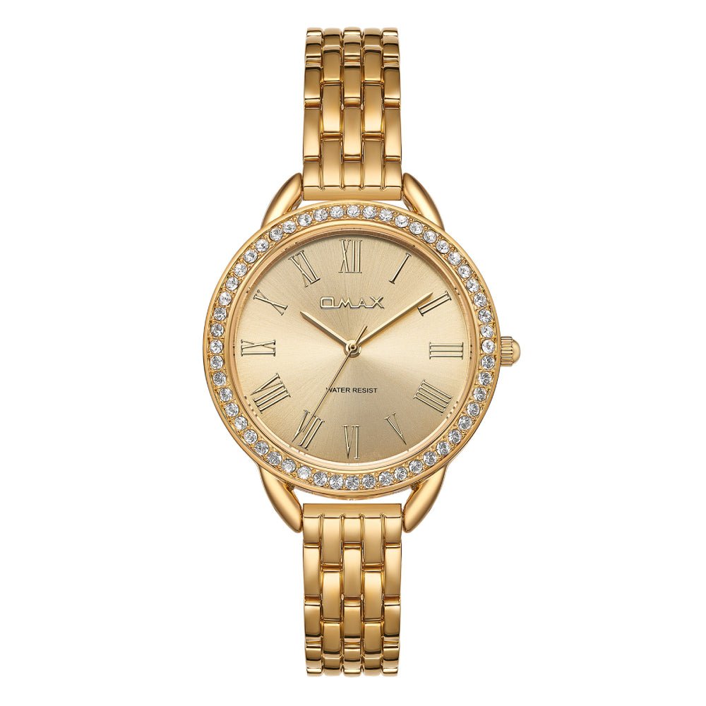 Omax Gold Women’s Watch, Roman Numerals Dial, Crystal Bezel, Stainless Steel, Water Resistant