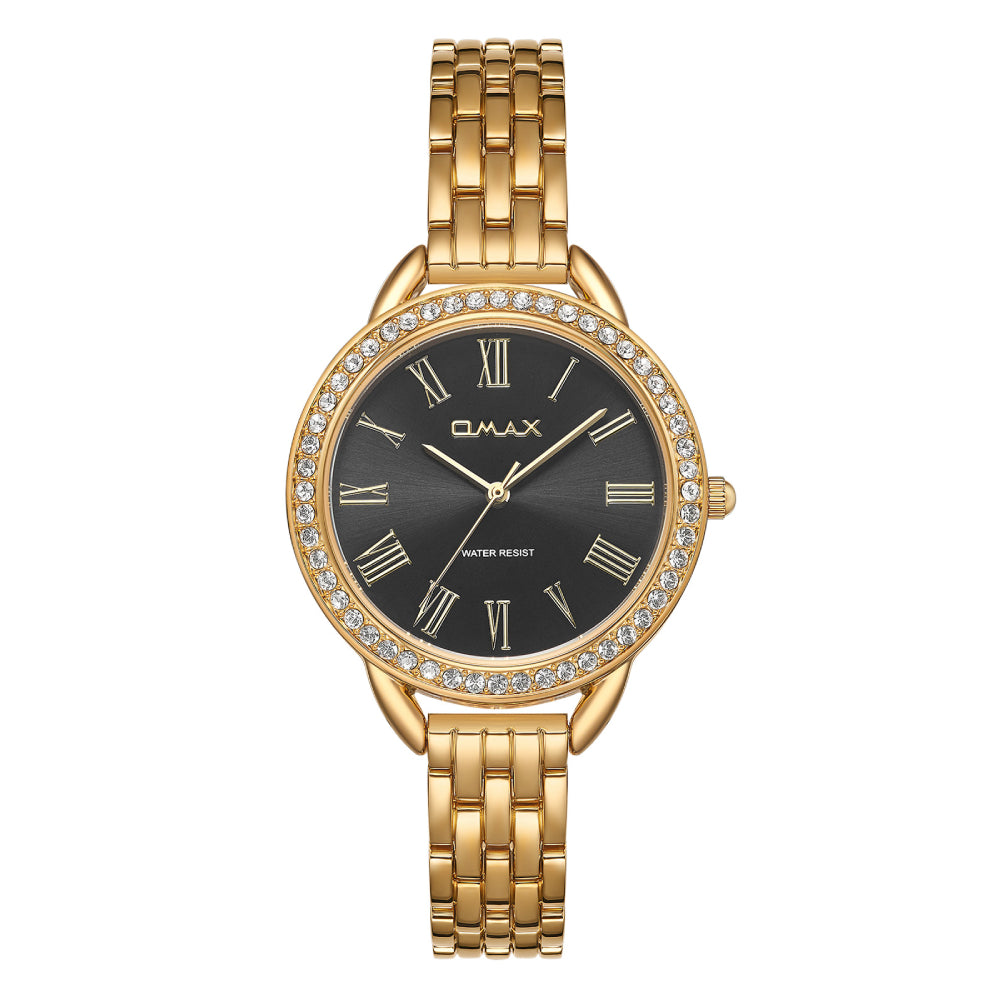 Omax Women’s Watch, Roman Numerals Black Dial, Crystal Bezel, Stainless Steel, Water Resistant