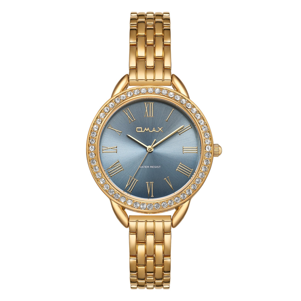 Omax Women’s Watch, Roman Numerals Grey Dial, Crystal Bezel, Stainless Steel, Water Resistant