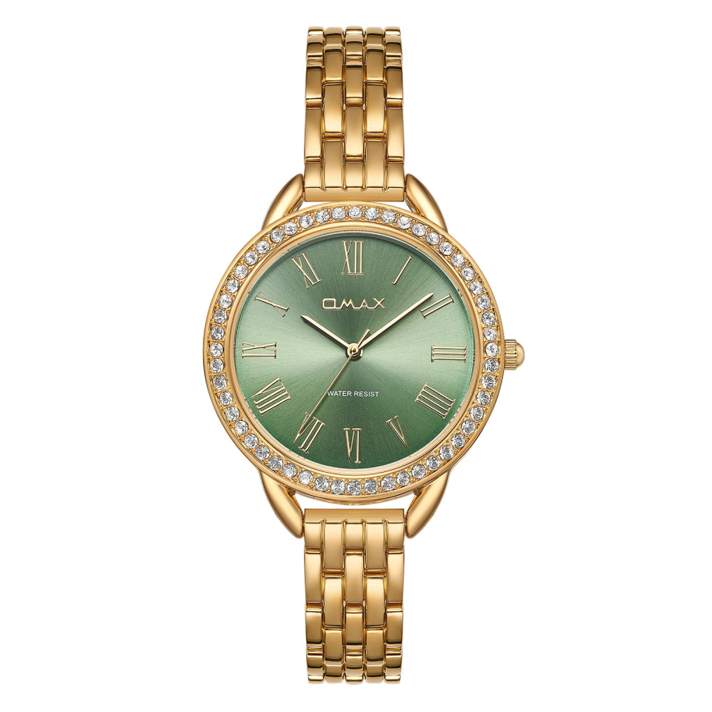 Omax Women’s Watch, Roman Numerals Green Dial, Crystal Bezel, Stainless Steel, Water Resistant