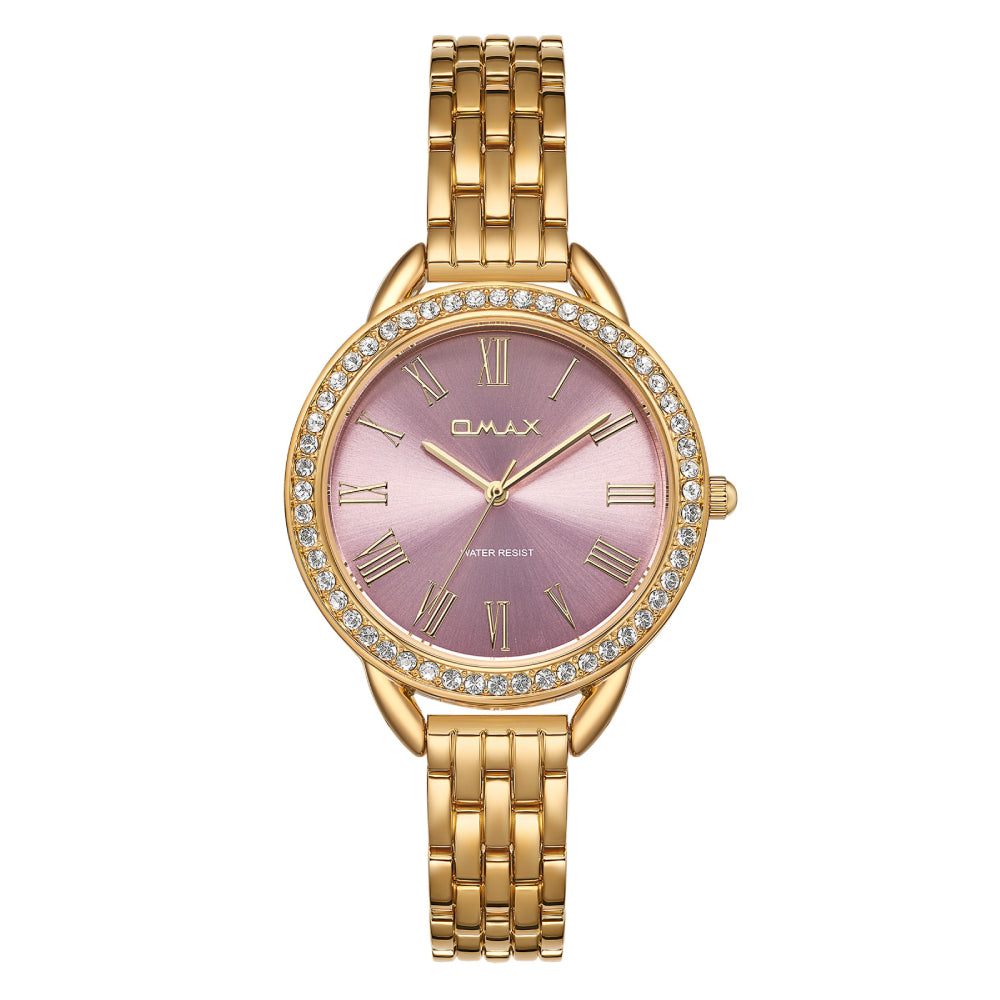 Omax Women’s Watch, Roman Numerals Pink Dial, Crystal Bezel, Stainless Steel, Water Resistant