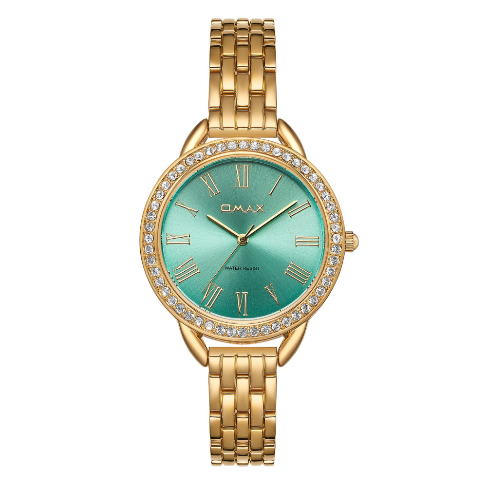 Omax Women’s Watch, Roman Numerals Teal Green Dial, Crystal Bezel, Stainless Steel, Water Resistant