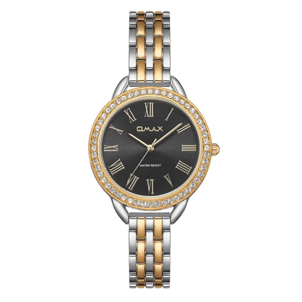 Omax Dual Tone Women’s Watch, Roman Numerals Black Dial, Crystal Bezel, Stainless Steel, Water Resistant